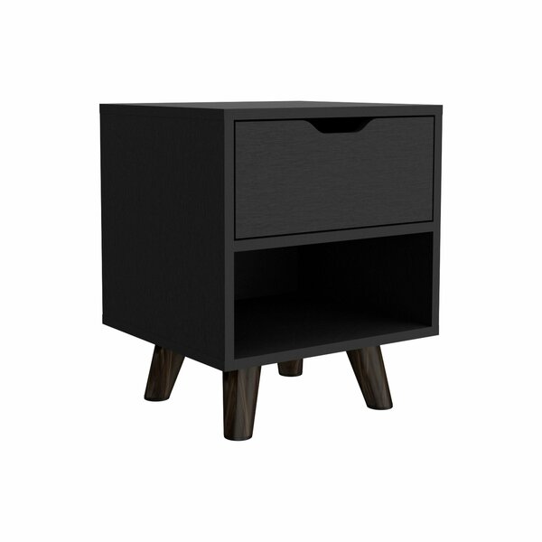 Tuhome Crail Nightstand with 1 Open Storage Shelf. 1 Drawer and Wooden Legs- Black MLW9052